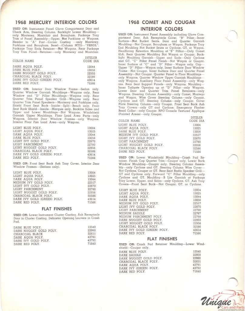 1968 Mercury Paint Charts PPG Dtzler